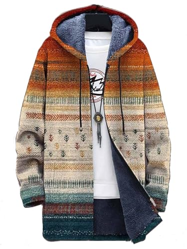 Men's Long Cardigan Hoodies 2023 Fashion Patterned Fleece Lined Full Zipper Cable Knit Sweater Coats with Pockets