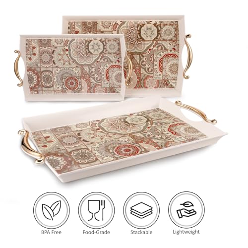 Image of Nayasa Regency Plastic Rectangular Serving Tray Set of 3 (Small, Medium, Big) | Kitchen Tray for Serving Tea, Coffee, Snacks | Multi Purpose Serveware | Beige