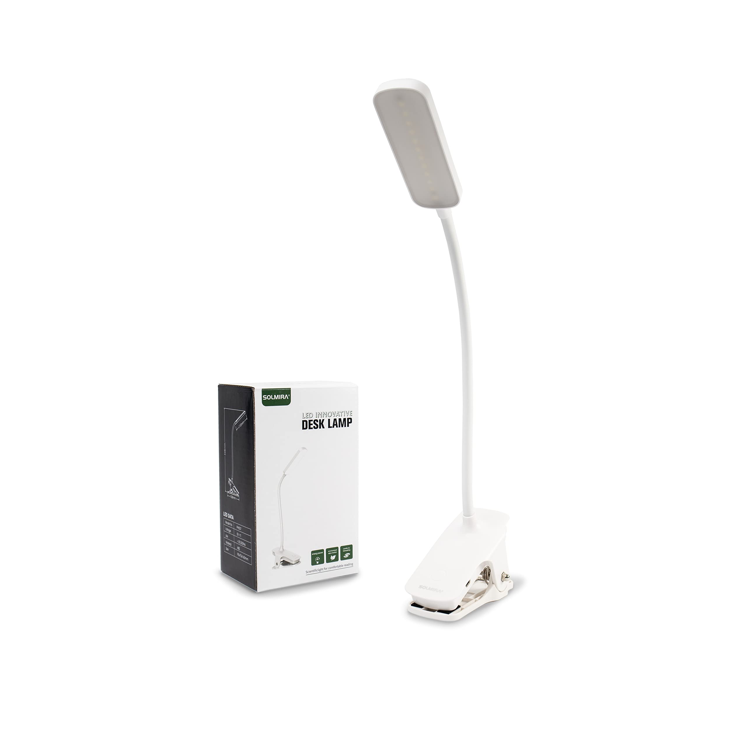 SOLMIRA Flexo de Escritorio con Pinza, 12 LED Ajustables, Blanca, Certificado CE y RoHS