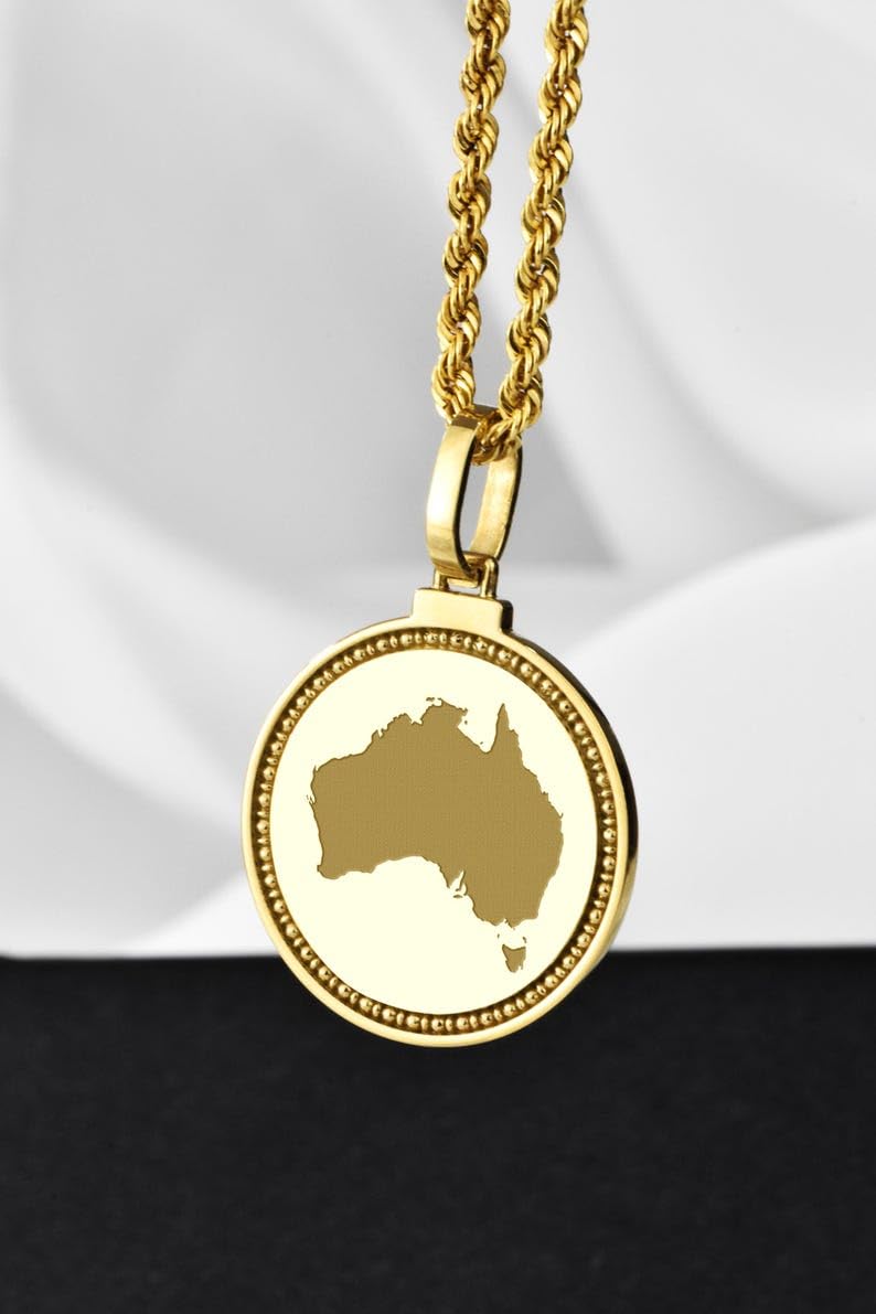 LKBEADS Medallón redondo de plata de ley 925 grabado con mapa de Australia, colgante de 25 mm, chapado en oro, joyería City Country para hombre y mujer, regalo |LKN_MAP_01259
