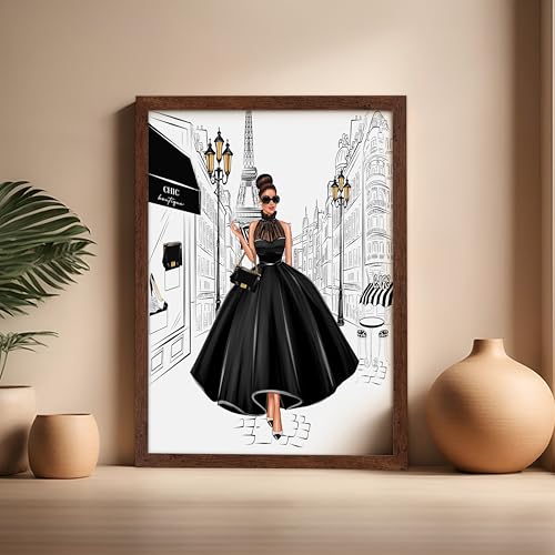 Image of Poster Master Lady in Black Print - Fashion Poster - Paris Designer Art - Modern Wall Design - Chic Gift for Women & Fashionista - Glam Decor for Bedroom or Girl's Room - 16x20 Brown Framed