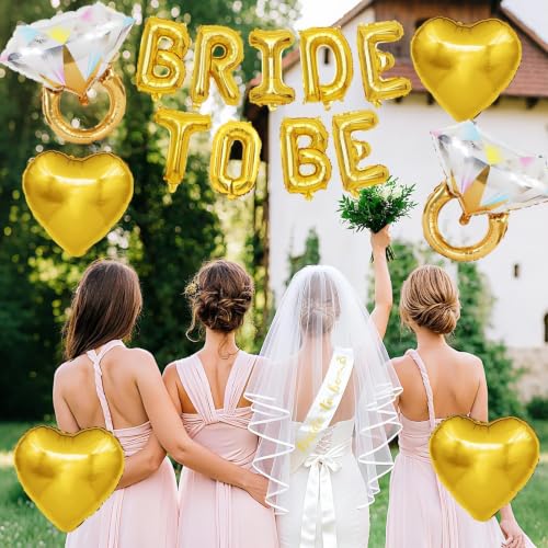 Image of Gold Bachelorette Party Decorations, Gold Bride to Be Banner Heart Balloons with Diamond Ring Foil Balloon, Bride to Be Sash&Veil for Bachelorette Engagement Gift Bridal Shower Party Supplies