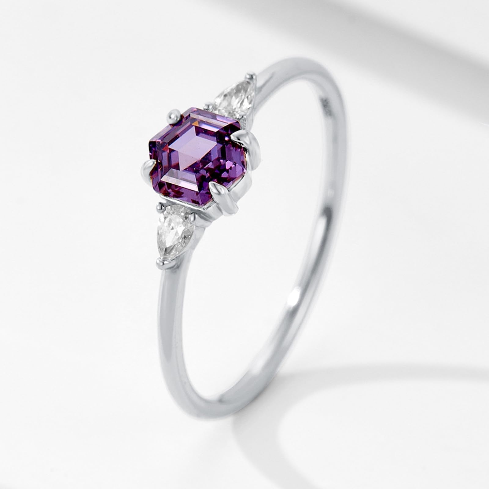 Anillos de oro blanco de 9 quilates para mujer, anillos de amistad con moissanita y amatista morada hexagonal para mujer