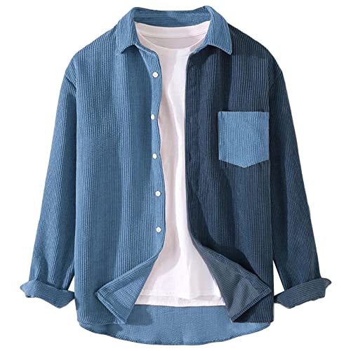 Men's Corduroy Patchwork Shirts Button Down Long Sleeve Casual Blouse Fall Casual Warm Slim Fit Vintage Tops (Blue,3X-Large)