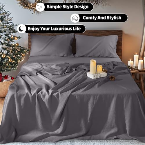 Image of 100% Linen Sheet Set Breathable Natural Linen Sheets 4pcs King Size, Fit Up to 16 inch Mattress