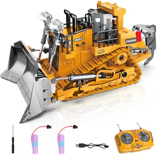 KIZJORYA Bulldozer Juguete Teledirigido, Juguete de Construcción RC de 9 Canales con Luces Sonoras y Batería Recargable, Juguete Bulldozer de Regalo para Niños y Niñas de 4 a 12 Años (2.4 GHz)