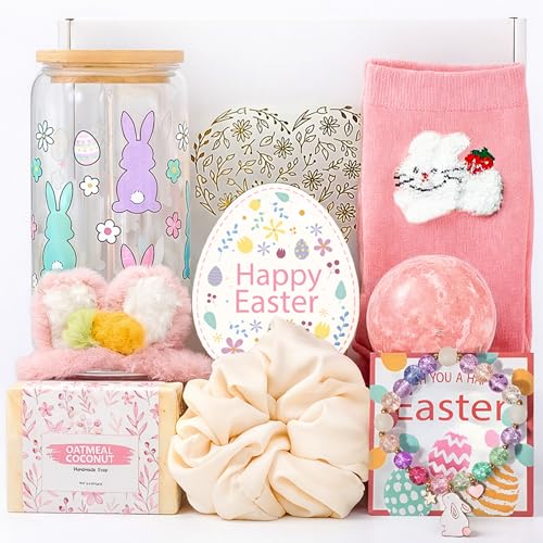 Product Image of the LUICONMO Easter Gifts for Teen Girls Women, Easter Baskets Stuffers for Teens Adults, Self Care Spa Gift Basket Spring Gifts Set Box with Bunny Theme Glass Cup - Brighten up Her Day!