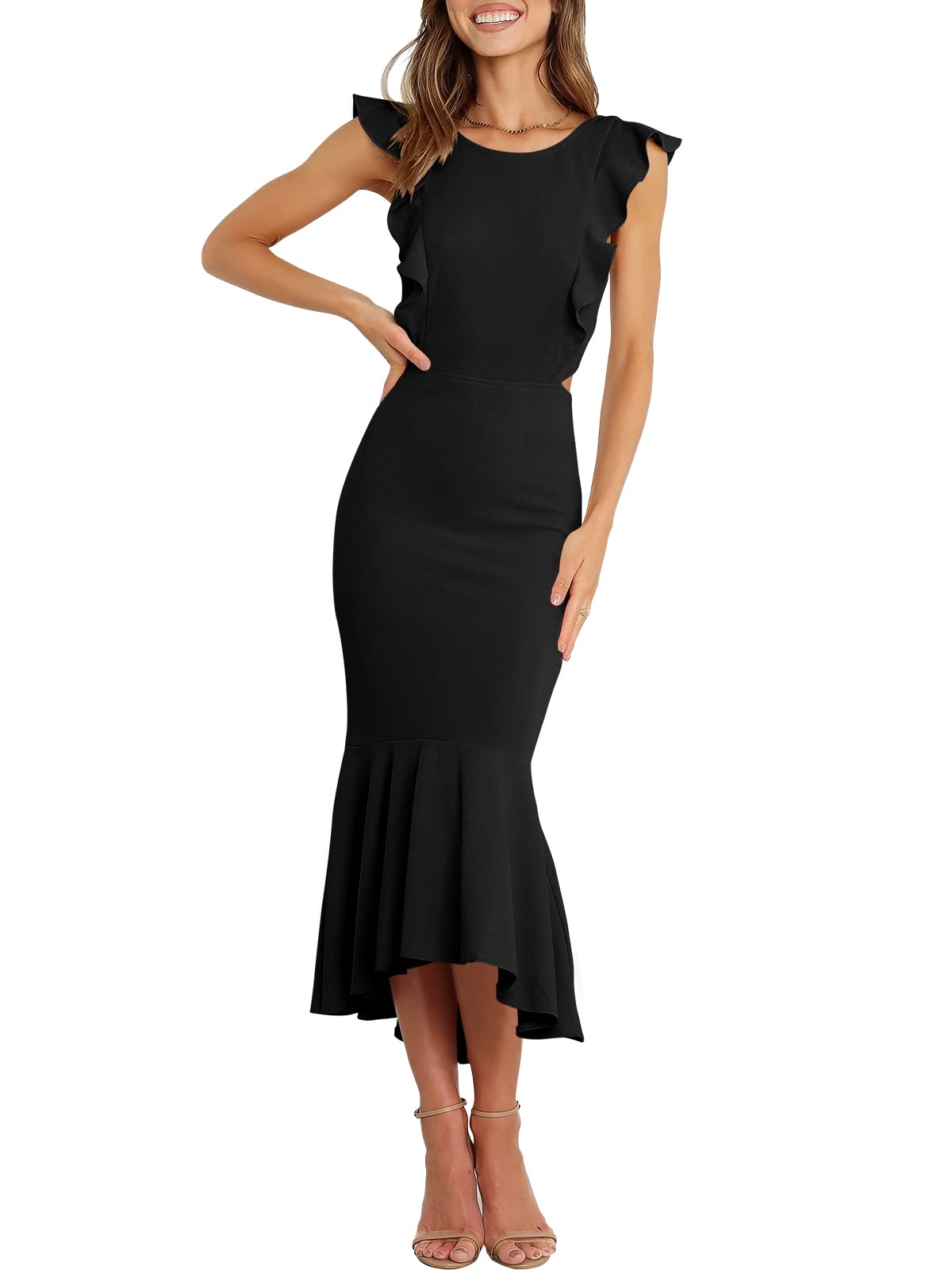 Women Summer Sleeveless Formal Midi Dress Backless Bodycon Mermaid Wedding Guest Cocktail Dress