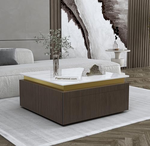 Image of Luxury Marble-Top Wooden Center Table for Living Room | Louvers | Modern Entryway Furniture | Coffee Table (36 inchX36 inchX17 inch)