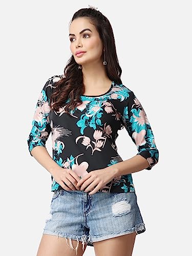 Image of POPWINGS Casual Printed Puff Sleeves Round Neck Top for Women || Stylish Summer Tops for Women || Hip-Length Women Top