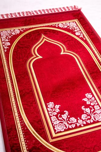 Image of Janamaz Prayer Mat Turkey Soft Velvet | Namaz Mat, Janimaz Namaz Aasan, Islamic Prayer Rug for Salah | 70x110 CM (Printed Red1)