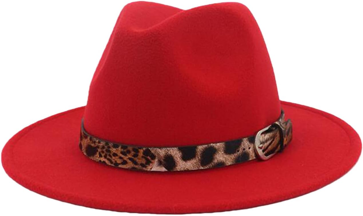 Womens Felt Fedora Hat Classic Wide Brim Panama Hat with Leopard Belt Buckle (Red)