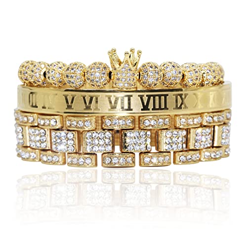 Innocence Imperial Crown King 18K Gold CZ Beads Cuff Bracelet Luxury Charm Fashion Cuban Link Bangle Jewelry Set For Men Women (C Gold)