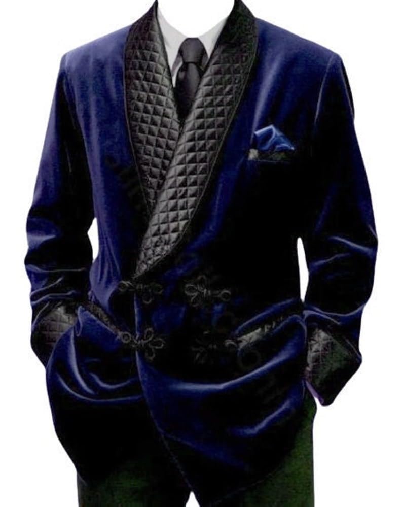 Men Double Breasted Blue Velvet Smoking Jacket Men Luxurious Qulted Dinner Smoking Jacket Gifts2