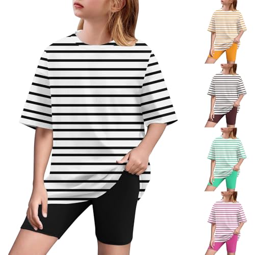 Girls 2 Piece Tracksuit Outfits Short Sleeve Casual Striped T-Shirt and Biker Short Sets Kids Summer Clothes for 5-15 Years2
