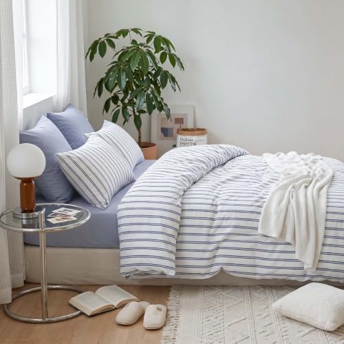 Image of Nayoroom Blue Striped Duvet Cover Queen White Pinstripe Coastal Bedding