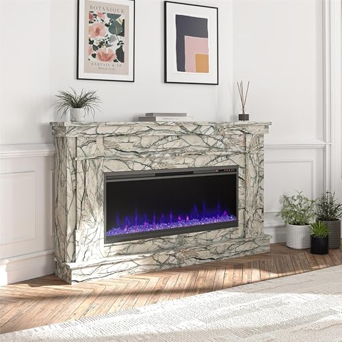ESPIDOO Electric Fireplace Insert Modern Marble Mantel: 42 Inch Linear Fireplace Heater with Remote Control & Crystal Ember Bed - 400 Sq Ft Heating Capacity for Living Room & Apartment Decor