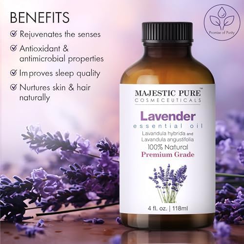 Image of Majestic Pure Essential Oil with Glass Dropper - Essential Oils for Diffuser, Aromatherapy, Soap and Candle Making, Lavender Essential Oil, Lavender Oil, 4 Fl Oz (Pack of 4)