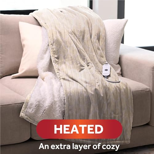 Image of Sunbeam Royal Mink Sherpa Champagne Lattice Heated Personal Throw / Blanket, Cozy-Warm, Adjustable Heat Settings