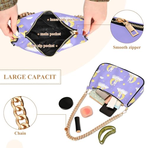 Cute Bunnies Moons Clouds Purple Hobo Party Purse Women Designer Handbag Animal Aesthetic Shoulder Bag Zipper Closure4