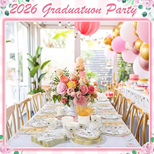 Image of Funnymoom 452 Pcs Class of 2026 Pink Floral Graduation Decoration Party Supply for 50, Pink Gold Congrats Grad Paper Plates Napkins Cup Tablecloth Cutlery Straw for Freshly Graduated Decoration