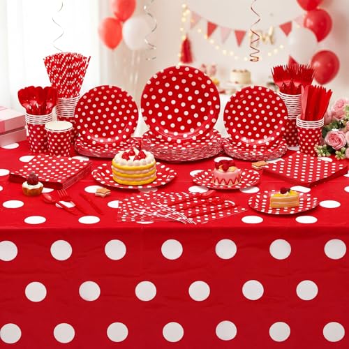 Image of Funnymoom 452 Pcs Red Polka Dot Party Supplies for 50, Red and White Polka Dot Paper Plates Napkins Cups Tablecloth Cutlery Straws for Mouse Birthday Carnival Family Picnic Barbecue Party Decoration