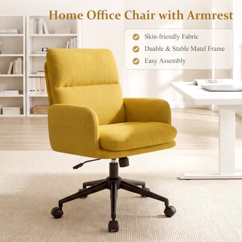 Image of Comfortable Ergonomic Office Chair, Upholstered Desk Chair with Double-Layer Cushioning, Adjustable Height Swivel Task Chair with Padded Armrests, Rolling Wheels and Metal Base, Yellow
