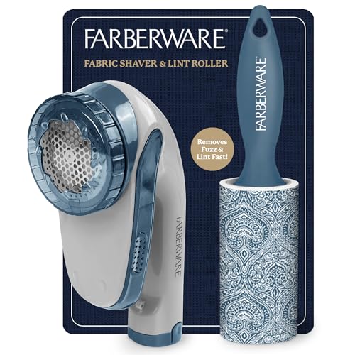 Image of Farberware Fabric Shaver & Lint Roller Set, Large, Portable | Sticky sheets lift pet hair and dust, triple-blade design restores fabrics to like-new condition, for clothing and bedding