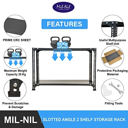 Image of Mil-Nil Prime CRC Sheet 2 Shelf 24 Gauge Multipurpose Slotted Angle Rack | Adjustable Shelf Hight Rack for Home & Kitchen (24x36x15 Inch, 7.2 Kg, Grey)