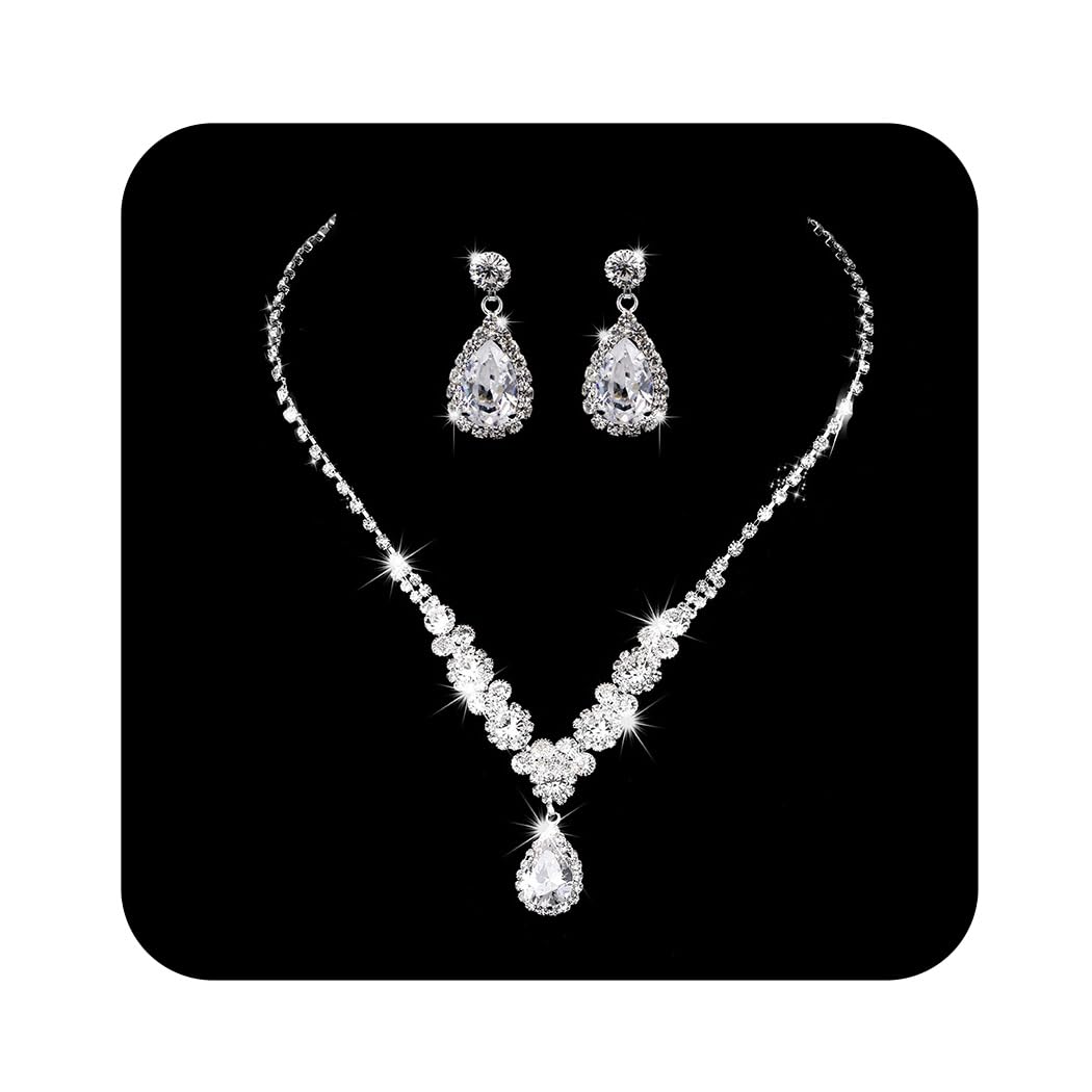 Ushiny Conjuntos de joyas de boda para novia, Juego de joyas de cristal de plata,collar y pendientes con diamantes de imitación para mujeres y niñas