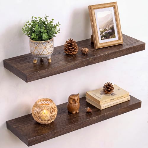 Image of RICHFOCUS Elm Floating Shelves for Wall - 22 inch W x 9.3 inch D Rustic Solid Wood Shelves with Invisible Bracket, Wall-Mounted for Living Room, Bedroom, Kitchen Storage & Display, Set of 2, Walnut