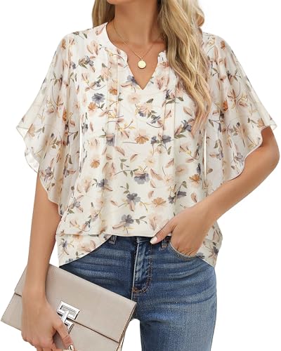 VALOLIA Womens Blouses Dressy Casual V Neck Chiffon Ruffle Short Sleeve Shirts Double Layers Tops4