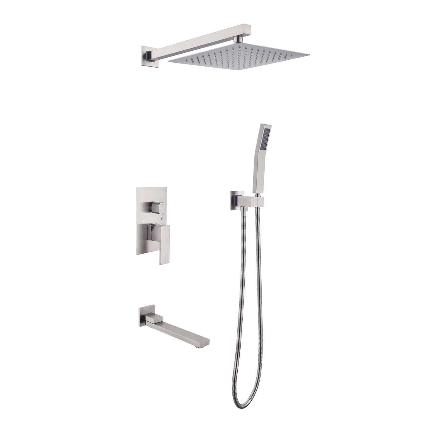 Pommeau de douche rond à main et jet effet pluie avec mitigeur de luxe en acier nickelé