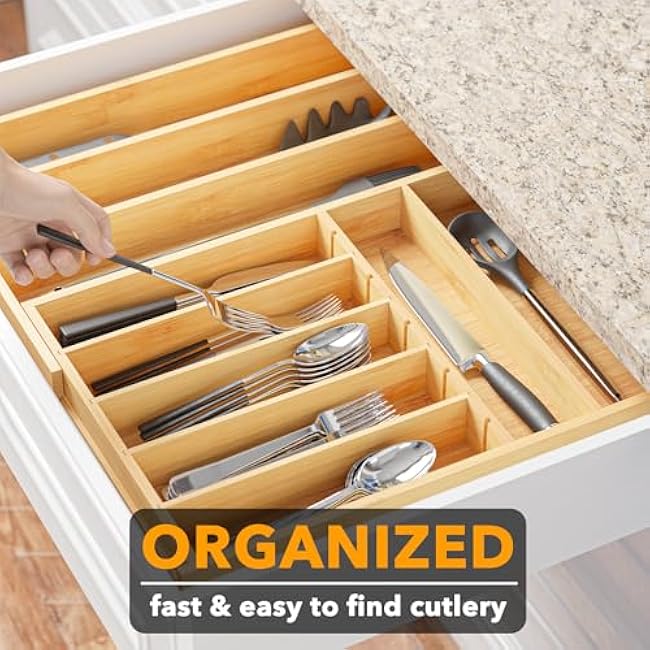SpaceAid 2.5 High Bamboo Silverware Drawer Organizer with Labels, Kitchen Utensil Expandable Tray Holder for Flatware, Cutlery, Spoon and Knives Drawer Storage Organization (Natural)