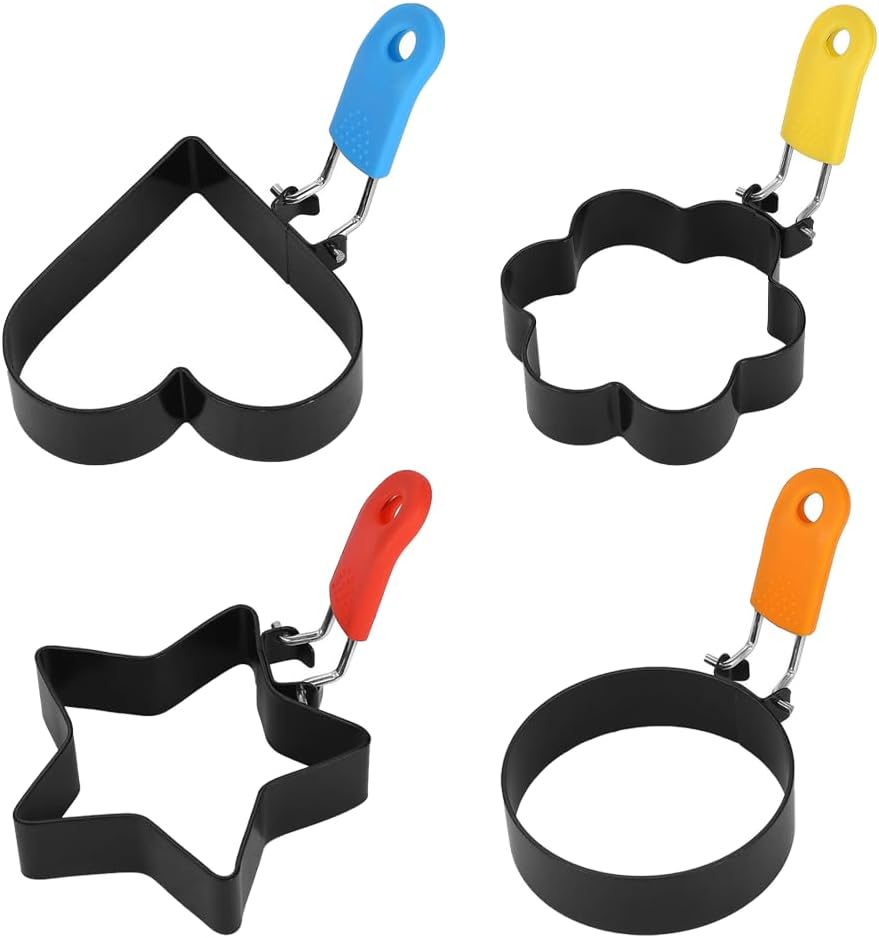 Heart Egg Rings 4 Pcs, Stainless Steel Egg Molds with Heat-Resistant Handle