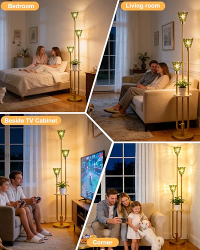 Image of Lightdot Green Glass Floor Lamp with Shelf, 63IN Mid Century Modern Gold Standing Lamps with 3 3000K Soft Warm White Bulbs Included, Floor Lamp with 5Lbs Heavy Base for Living Room /Wedding /Office