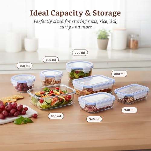 Image of Amazon Brand - Solimo Glass Food Storage Container Set, Round & Rectangular - Pack of 7, Airtight & Leakproof, Microwave & Freezer Safe, Transparent