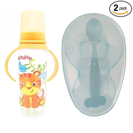 KhuHap Infants Milk Feeding Silicone Nipple Plastic Bottle with Handle, Animal Cartoon Design, 250ml + Kids Milk Cereal Food Mixing Bowl Leakproof, Kid Travelling, BPA Free, Assorted Color, Pack of 2