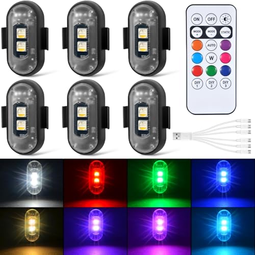 Aukmak 6PCS Wireless LED Strobe Lights with Remote Control 8 Colors Rechargeable Led Lights Anti-Collision LED Emergency Warning Lights for Car Motorcycle Bike Drone Aircraft