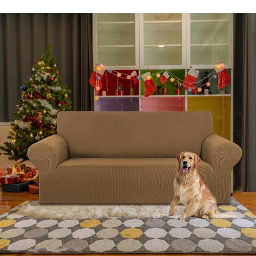 KEKUOU Stretch Loveseat Sofa Cover Slipcover,Couch Covers for 2 Cushion Couch Sofa (55"-78") Furniture Protector Sofa with Elastic Bottom for Kids,Dog. Jacquard Small Checked(Medium,Camel)