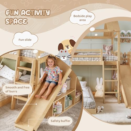 Image of Bellemave Twin Over Full House Bunk Bed with Slide and Storage Shelves for Kids,Solid Wood Floor Bunk Bed Frame with Wardrobe and Inclined Ladder for Girls Boys,Natural
