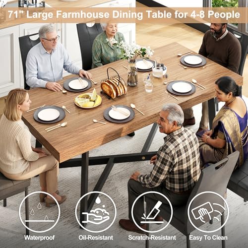 Image of 71 inch Farmhouse Dining Table for 4,6,8 People,Wooden Rustic Kitchen Table W /Thickness Waterproof Wood Tabletop,Rectangular Long Brown Dinner Table for Home Office,Dining Room,Living Room Furniture
