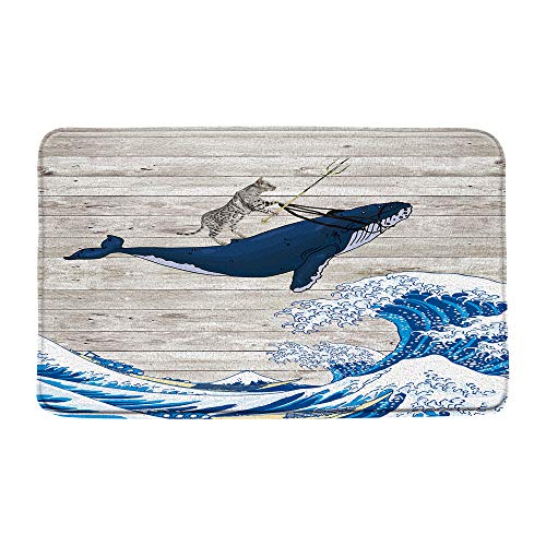 Funny Cat Riding Whale Bath Mat Japanese Great Waves on Rustic Wooden Plank Creative Animal 24