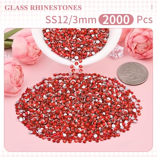 Image of 2000PCS SS12 /3mm Crystal Glass Rhinestones for Bedazzling (Light Red) | Flatback Rhinestones for Crafting DIY Crafts Nail Art Makeup, Light Siam Gems Diamond Charms for Tumbler Shoes Clothing Mug