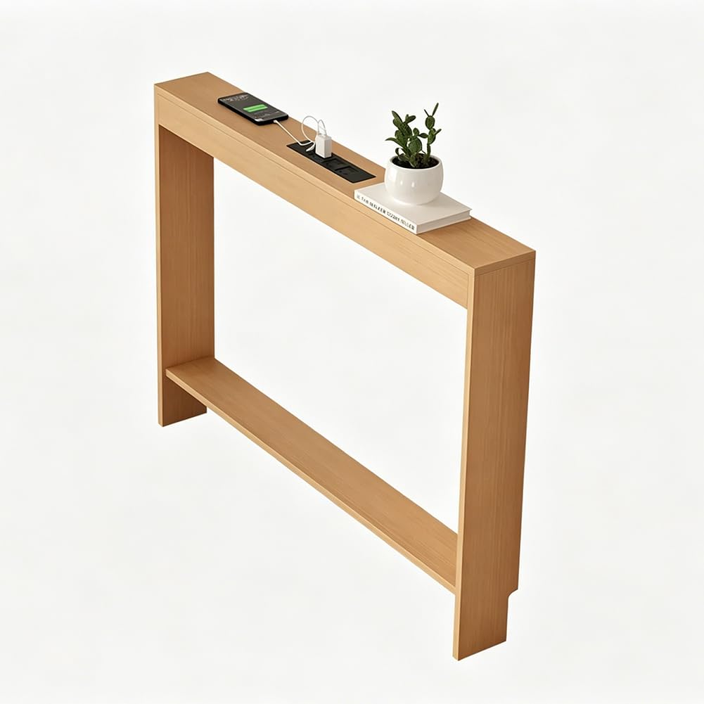 PA-DABAOO Narrow Console Sofa Table,Skinny Sofa Table Behind Counch with Power Strip Design,Farmhouse Side Tables with Reserve Space for Wall Baseboard & Bottom Shelf,100 * 10CM