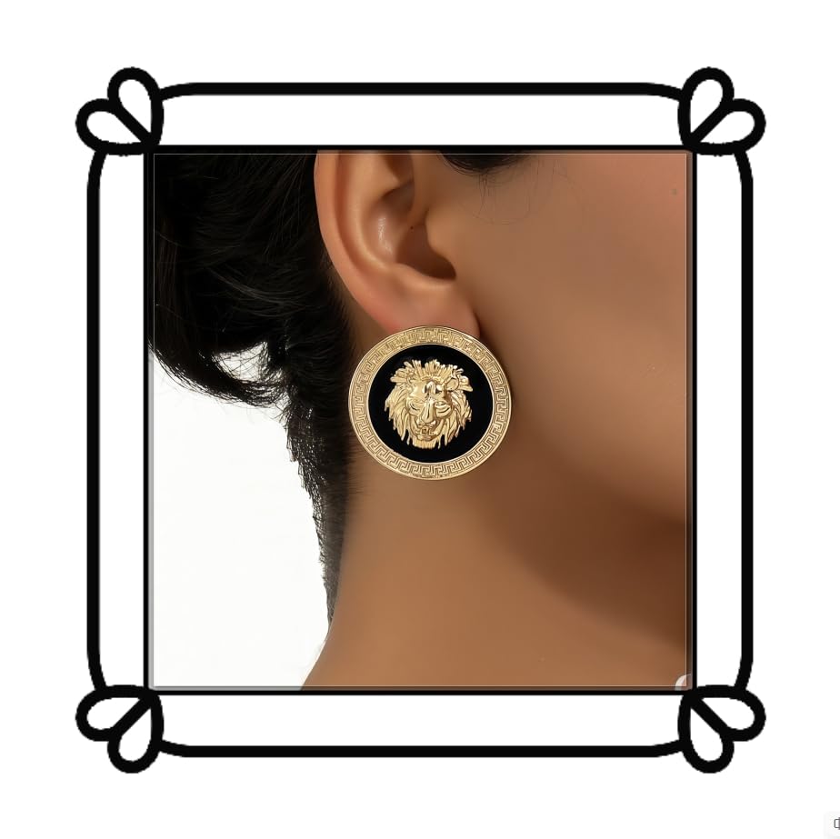 Boucles d'oreilles tête de lion doré baroque au style rétro chic