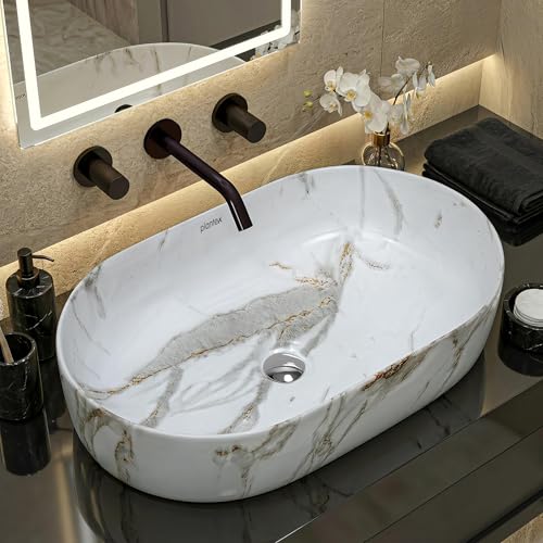 Image of Plantex Oval Ceramic Wash Basin /Tabletop Basin for Bathroom /Washbasin Sink for Home /Office (Glossy White - 21 x 14 x 6 Inch)