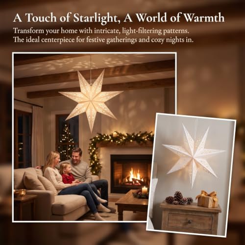 Image of LIOOBO Paper Star Lanterns Star Shaped Decorative Light Cover Hollow Out Window Grille Lamp Shade for Christmas Birthday Wedding Home Party 17.71 X 17.71 X 7.48 in