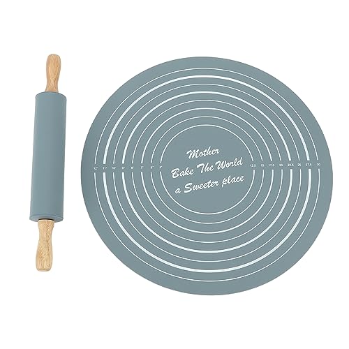 Tissting Rolling Pin with Silicone Pastry Baking Mat, 11.8in Grey Dough Roller with Wooden Handle, Kitchen Baking Essential Roller Tool for Pizza Pie Pastries Pasta