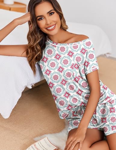 Image of Ekouaer Womens Pajama Sets 2 Piece Soft Short Sleeve Top and Shorts Sleepwear Round Neck Pjs Lounge Set with Pockets